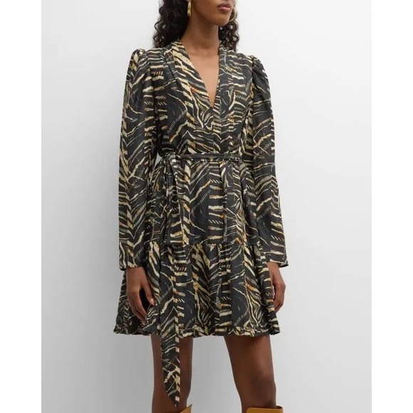 Marie Oliver Dresses & Skirts - Marie Oliver Velma Silk Blend Animal Print V-Neck Tiered Dress Black Gold 1X